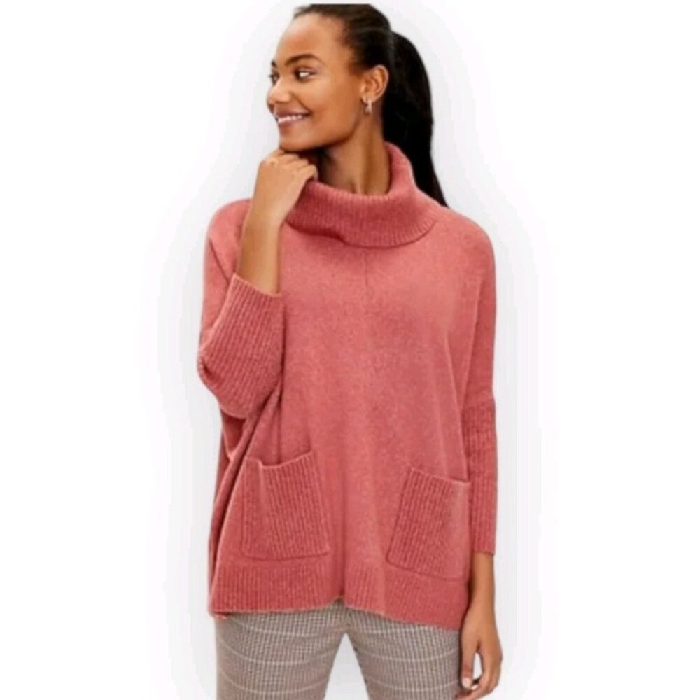 Loft Women's Red Pink Pocket Poncho Cowl Oversized Turtleneck Knit Sweater Size